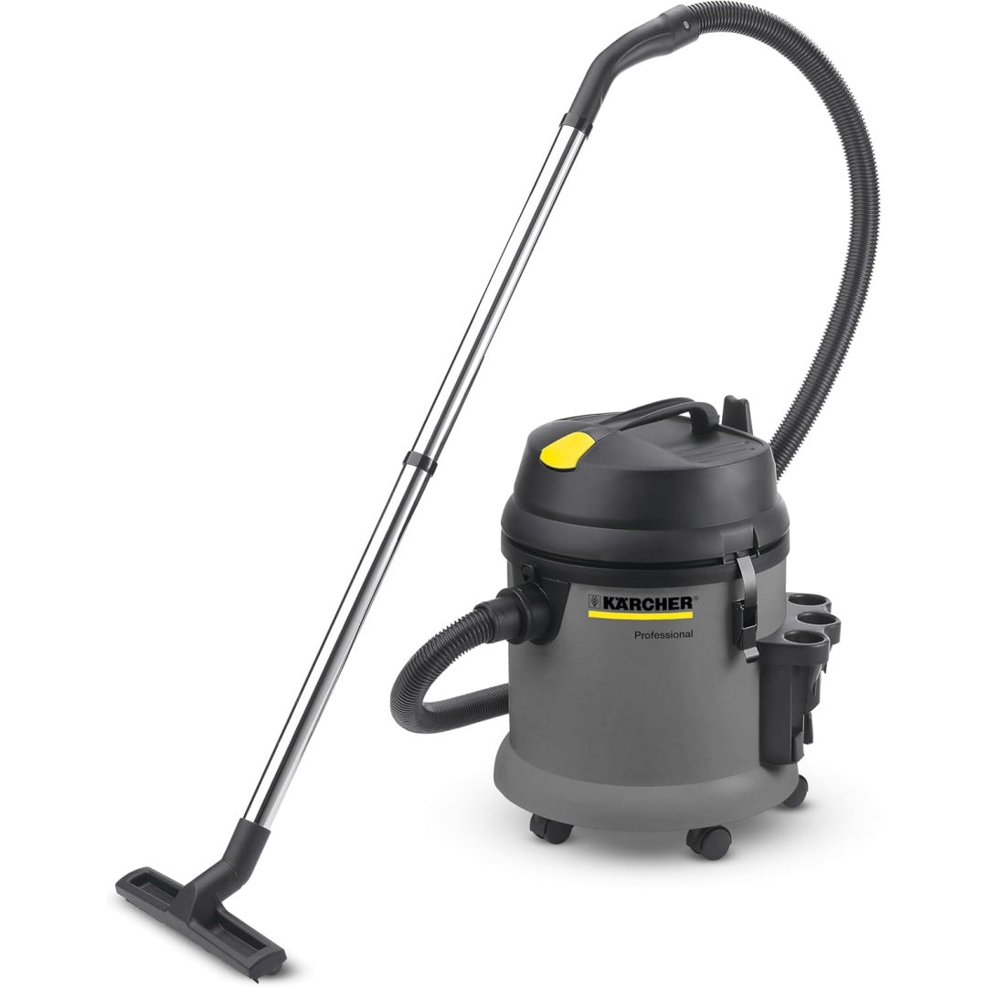 Aspirateur pour liquides et poussieres alliant un format compact et le deplacement sur roulettes