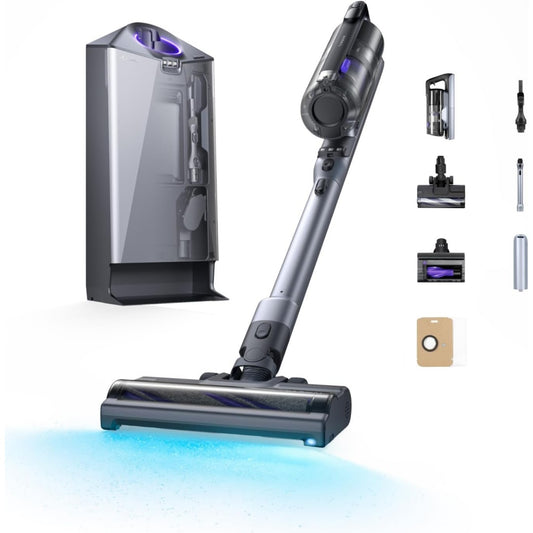 Aspirateur vertical associant des elements lavables au coloris gris et bleu