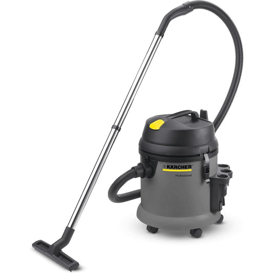 Aspirateur pour liquides et poussieres alliant un format compact et le deplacement sur roulettes