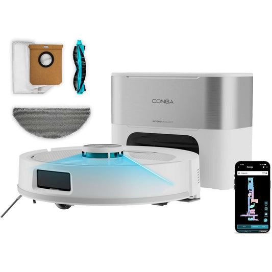 Robot et base de vidage offrant un reglage par application