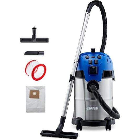 Cet aspirateur au format traineau associe un corps en acier inoxydable et une puissance annoncee de 1400 W